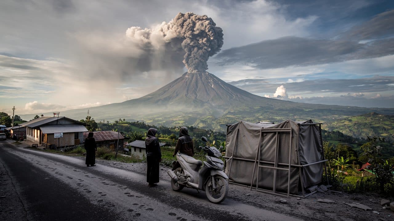 Le volcan Sinabung à Sumatra émet un nuage de cendres de 3 500 mètres de haut