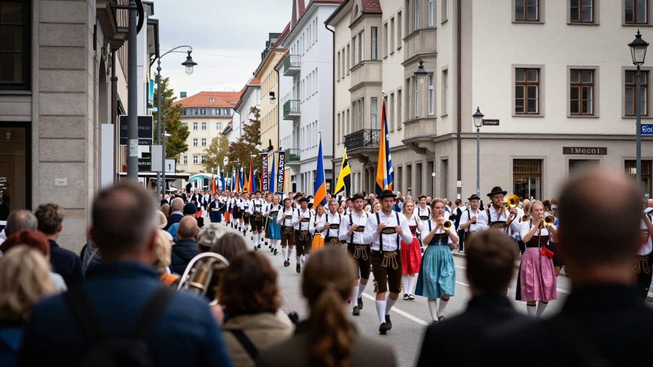 Des milliers de personnes en costume traditionnel défilent à Munich vers la Wiesn lors du Trachten- und Schützenzug