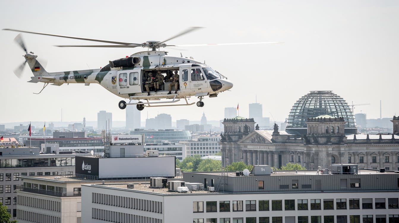 Un hélicoptère Cougar de la Bundeswehr survole Berlin dans le cadre d’un exercice d’évacuation de membres du gouvernement