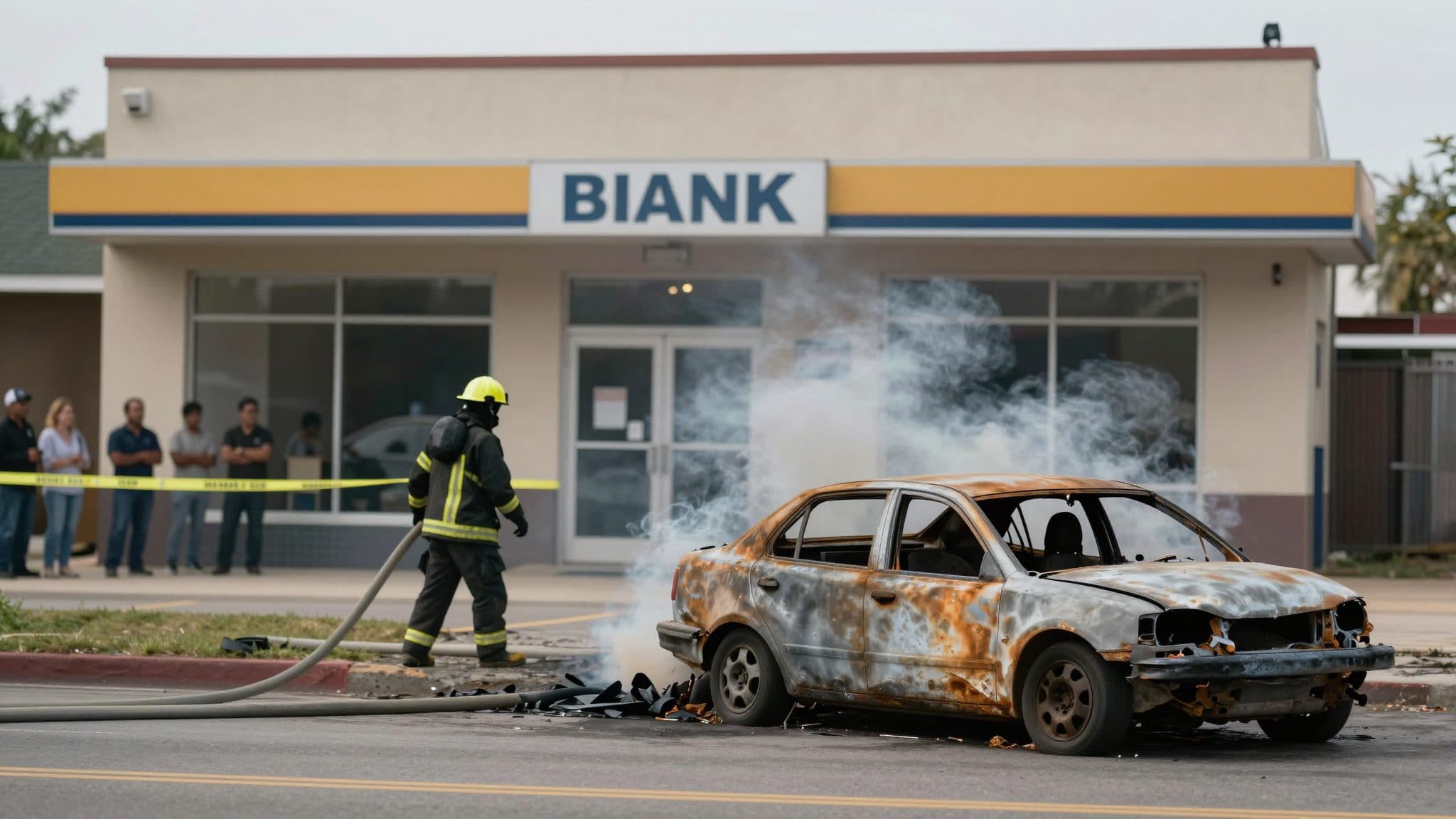 Voiture en feu à Ebreichsdorf : le conducteur gare sa voiture fumante devant une agence bancaire