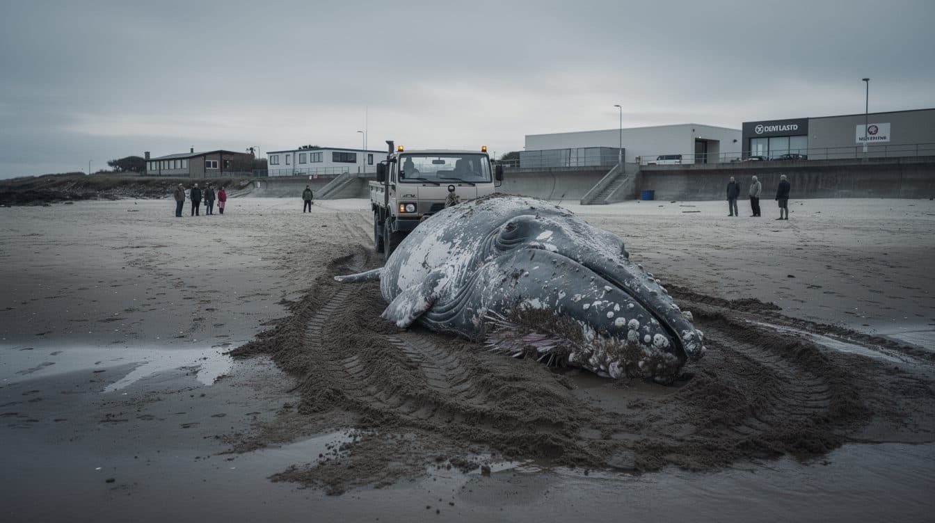 Opération de récupération du cadavre de baleine à bosse échoué au large de l’île danoise d’Anholt