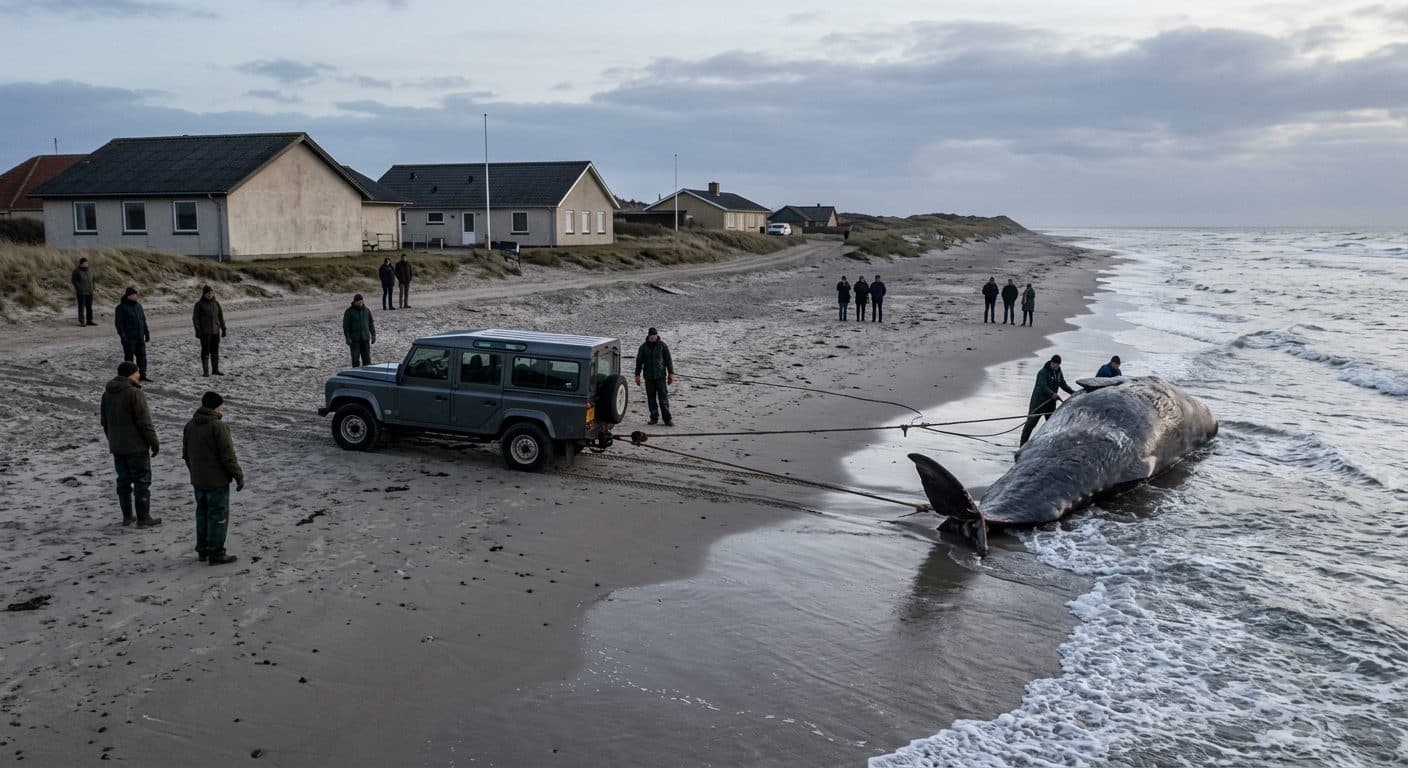 Le cadavre du baleineau à bosse « Timmy » remorqué sur une plage de l’île danoise d’Anholt en vue d’une autopsie