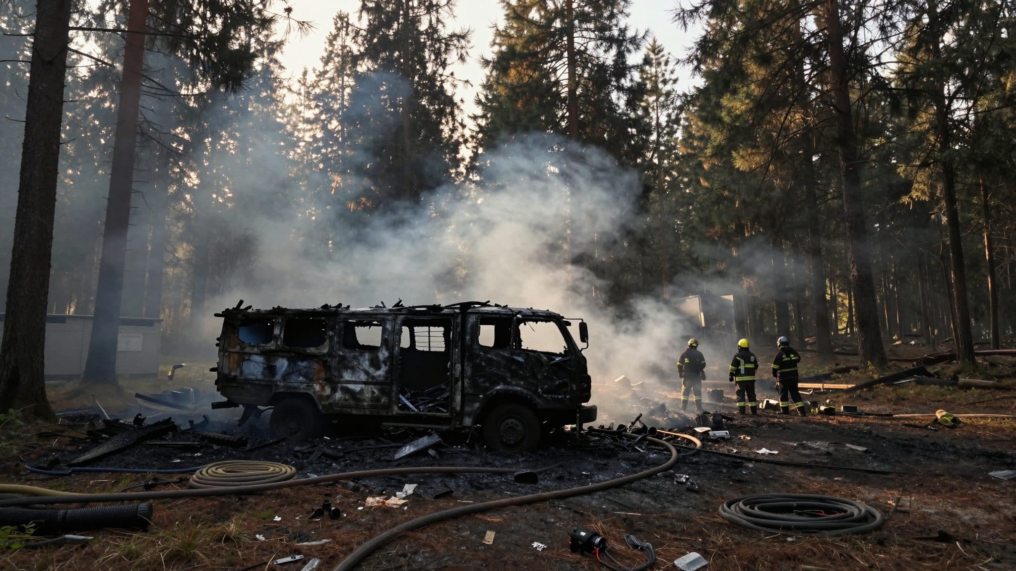 Camion à mât de déchargement entièrement détruit par un incendie lors de travaux de câblage forestier à Reißeck