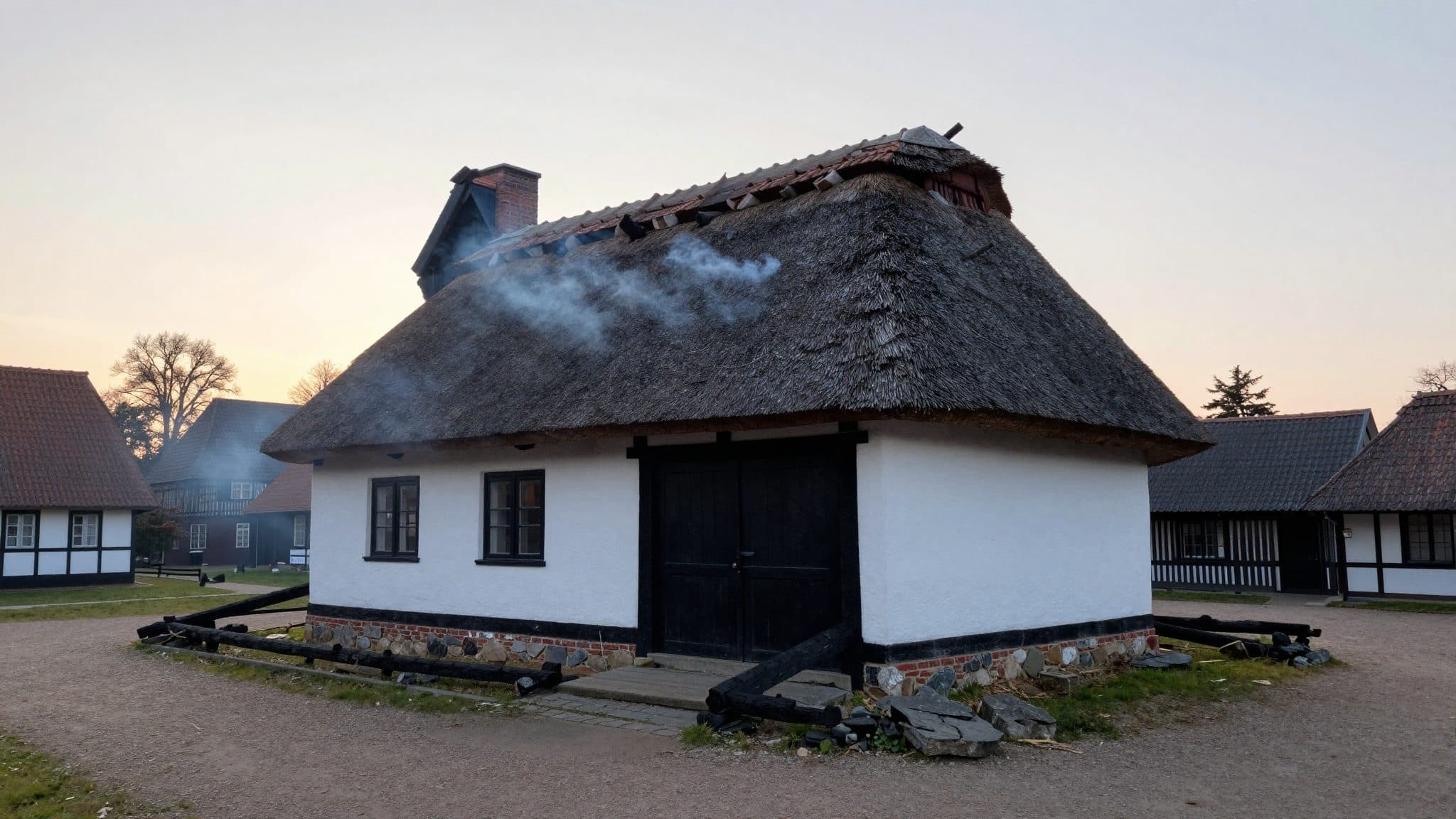Maison historique au toit de chaume entièrement détruite par un incendie au musée en plein air de Molfsee
