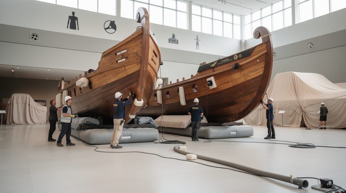 Des reconstructions de navires romains transportées au musée de Mayence sur des coussins d'air