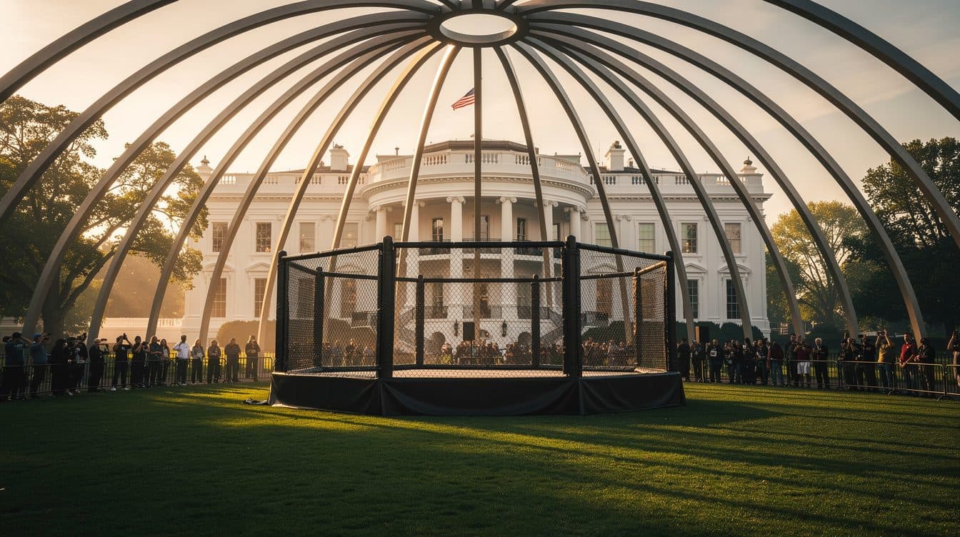 Combat en cage de l'UFC sur le terrain de la Maison Blanche pour le 80e anniversaire de Trump