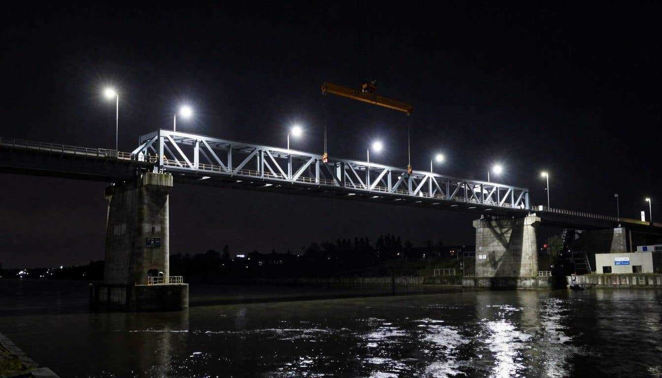La section centrale du nouveau pont高等 de Rader est hissée au-dessus du canal Kiel