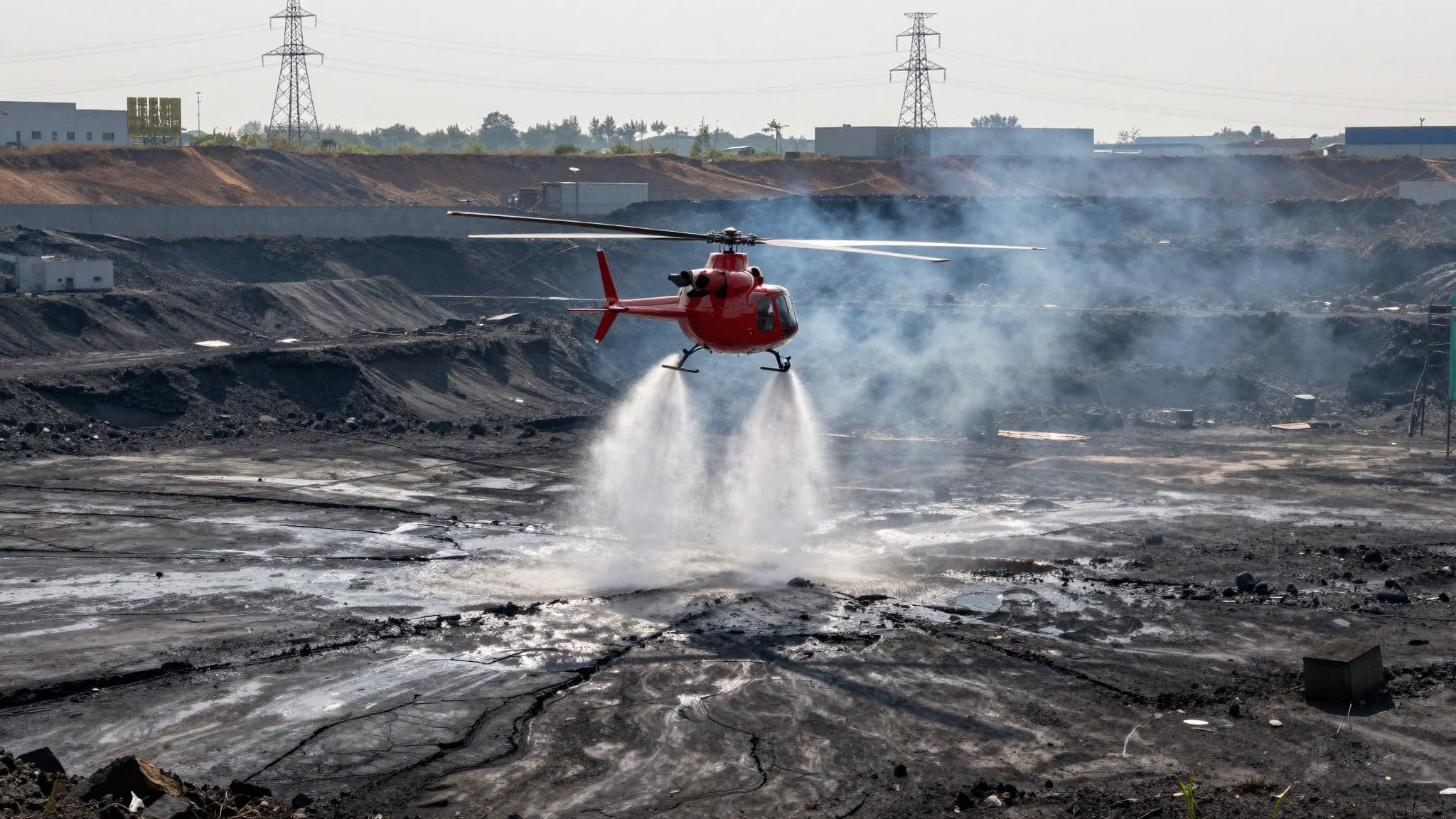 Hélicoptère bombardier d'eau lutte contre un feu couvant sur un ancien site minier à ciel ouvert près de Meuselwitz
