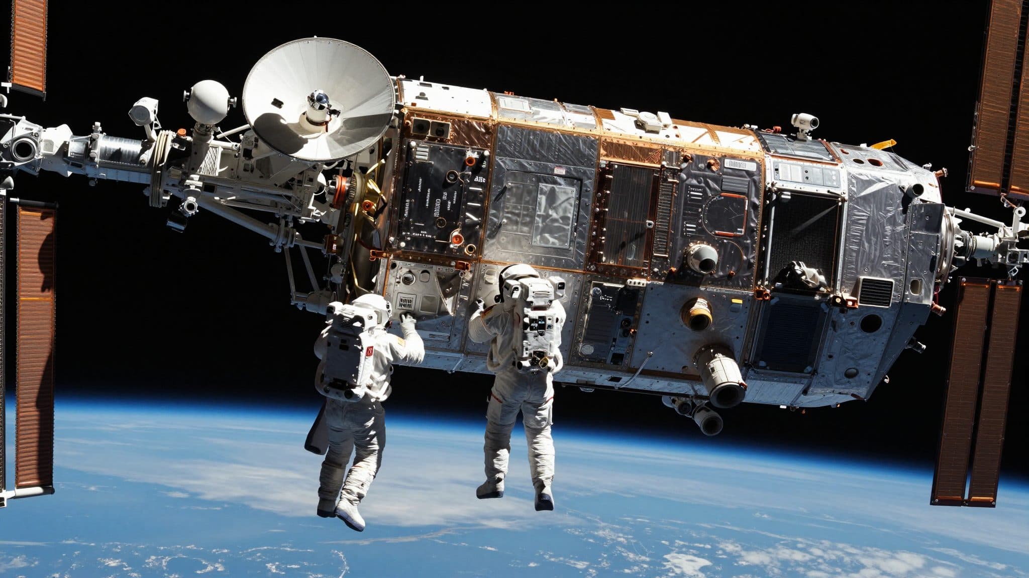 Deux astronautes installent une nouvelle antenne lors d'une sortie extravéhiculaire à l'ISS