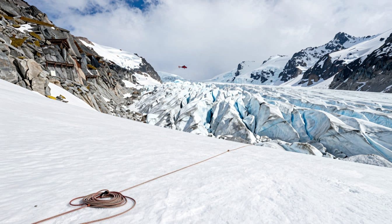 Alpiniste fait une chute dans une crevasse glaciaire dans les Alpes de Stubai